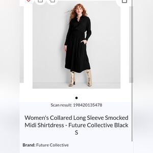 Long Sleeve Collared Smocked Midi Shirtdress. Black.